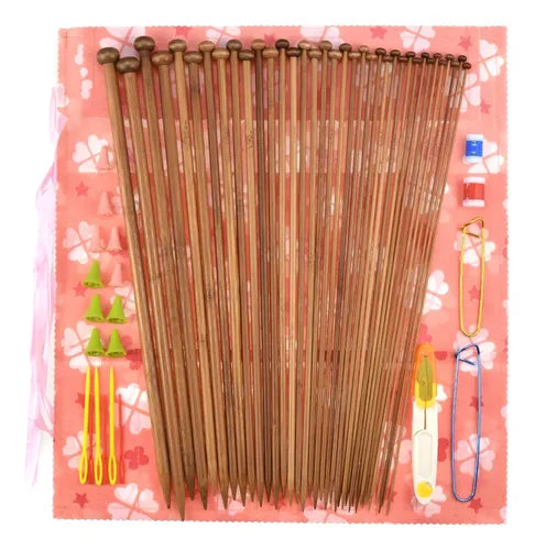 Set 18 Pares Palillos Bambú Para Tejer Más Accesorios Set Rosado Bambú