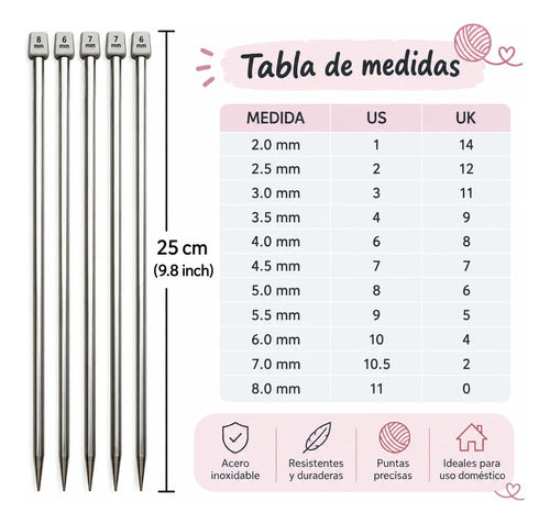 Set 11 Pares Palillos Para Tejer Metalicos 25cm + Accesorios Set 25 Cm Morado