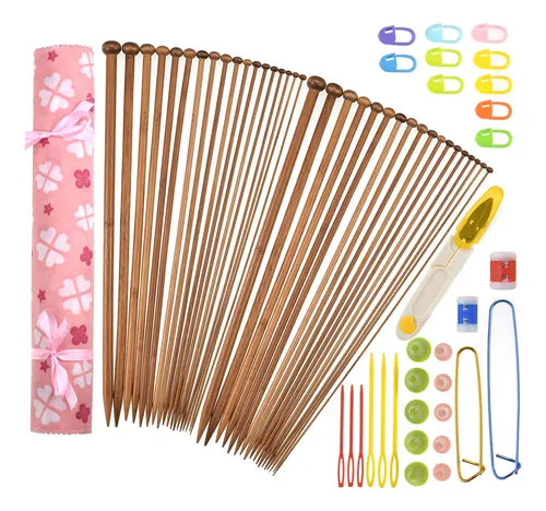 Set 18 Pares Palillos Bambú Para Tejer Más Accesorios Set Rosado Bambú