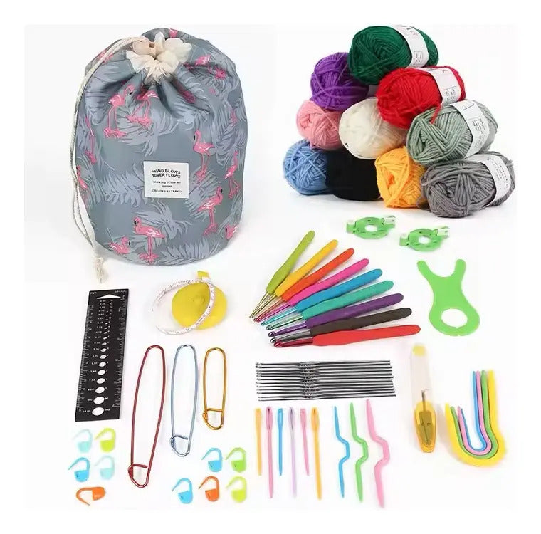 Set Hermoso Bolso Para Tejido Crochet Con Lanas Y Accesorios