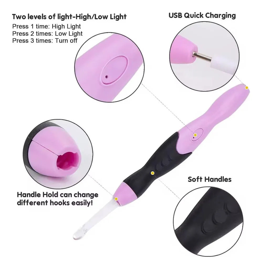 Set De Ganchillos Crochet Intercambiables Con Luz Led Y Accesorios De Tejido Rosa