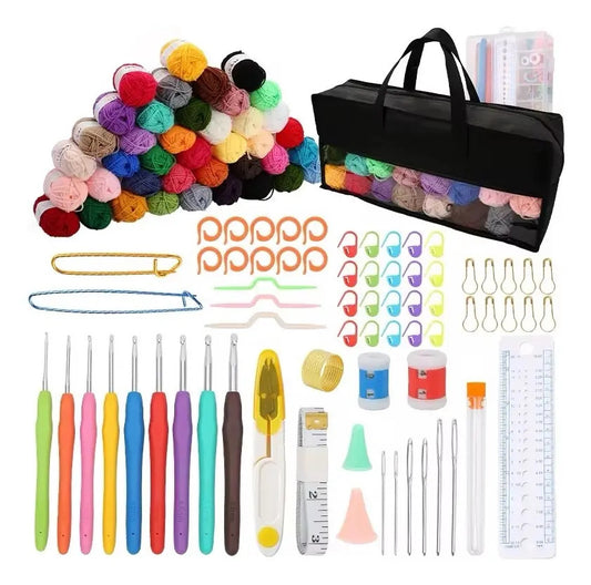 Set Gran Bolso Con Variedad De Lanas Y Accesorios De Tejido.