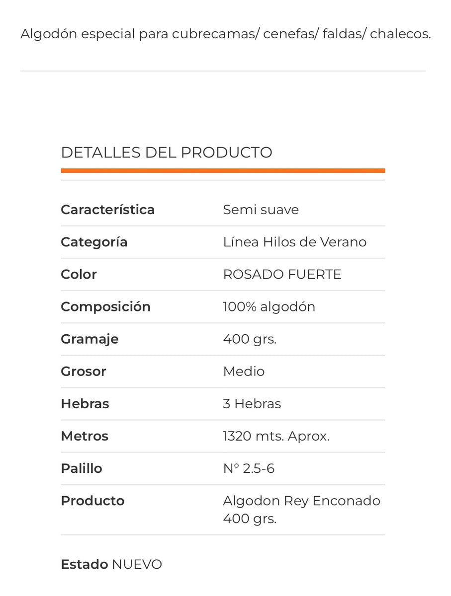 Algodón Rey Cono 400grs Reginella.