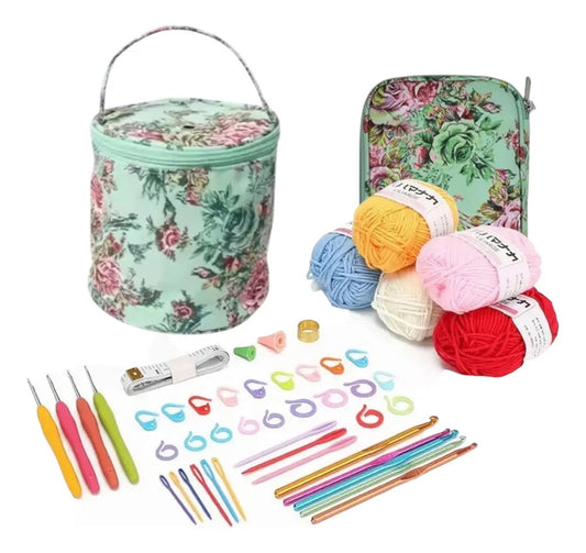 Set Bolsito Porta Ovillo Con Crochets, Accesorios, Y Lanas .