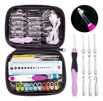 Set De Ganchillos Crochet Intercambiables Con Luz Led Y Accesorios De Tejido Rosa