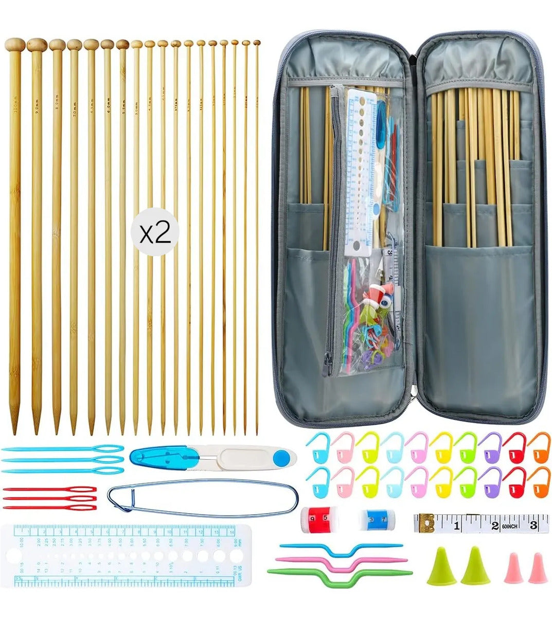 Set Palillos Bambú 2-10mm Con Accesorios Más Estuche